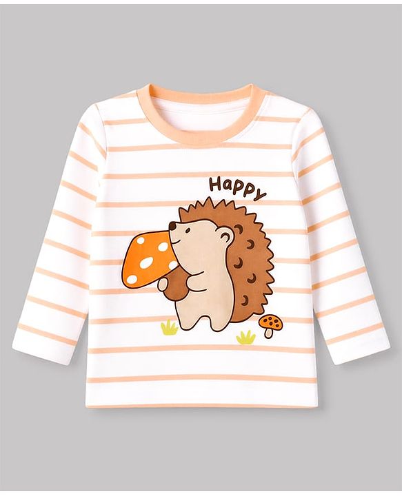 Babyhug 100% Cotton Interlock Knit Full Sleeves Striped T-Shirts with Hedgehog Animal Print Pack of 3 - White Limegreen