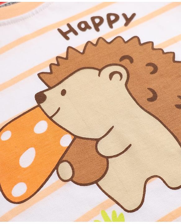 Babyhug 100% Cotton Interlock Knit Full Sleeves Striped T-Shirts with Hedgehog Animal Print Pack of 3 - White Limegreen