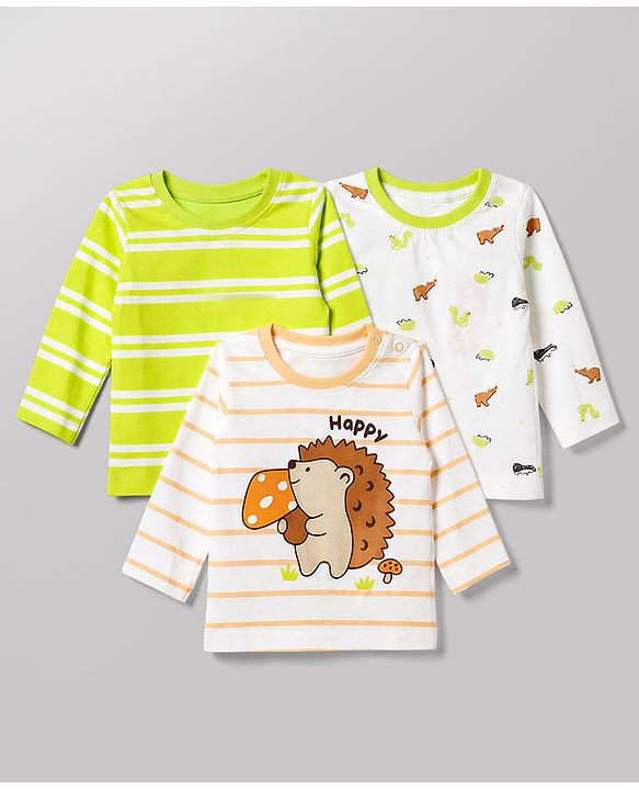 Babyhug 100% Cotton Interlock Knit Full Sleeves Striped T-Shirts with Hedgehog Animal Print Pack of 3 - White Limegreen