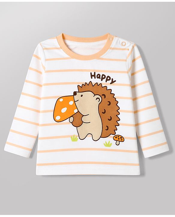 Babyhug 100% Cotton Interlock Knit Full Sleeves Striped T-Shirts with Hedgehog Animal Print Pack of 3 - White Limegreen