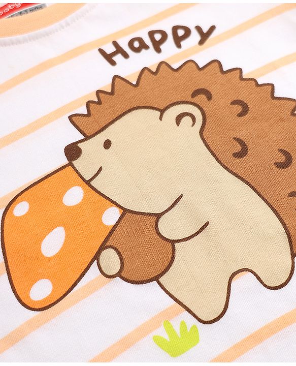 Babyhug 100% Cotton Interlock Knit Full Sleeves Striped T-Shirts with Hedgehog Animal Print Pack of 3 - White Limegreen