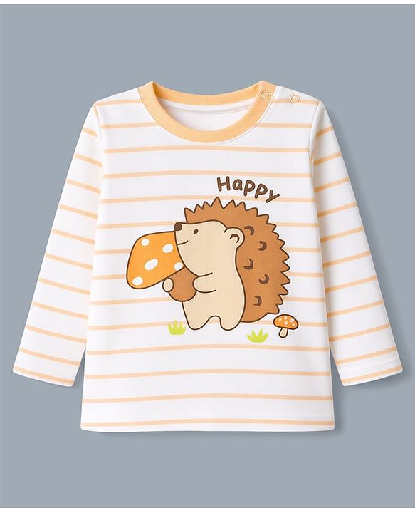 Babyhug 100% Cotton Interlock Knit Striped T-Shirts with Full Sleeves and Hedgehog Print Pack of 3 - White Neon Green & Peach