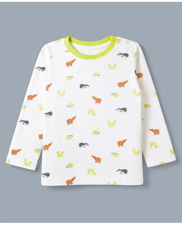 Babyhug 100% Cotton Interlock Knit Striped T-Shirts with Full Sleeves and Hedgehog Print Pack of 3 - White Neon Green & Peach