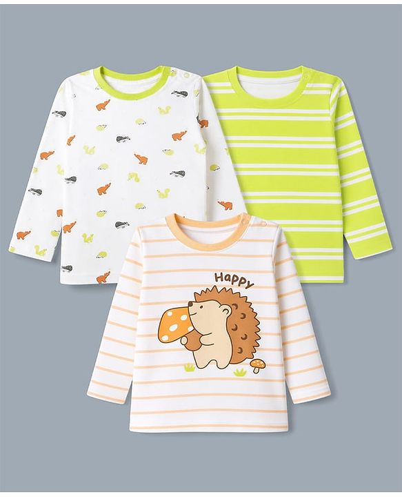 Babyhug 100% Cotton Interlock Knit Striped T-Shirts with Full Sleeves and Hedgehog Print Pack of 3 - White Neon Green & Peach