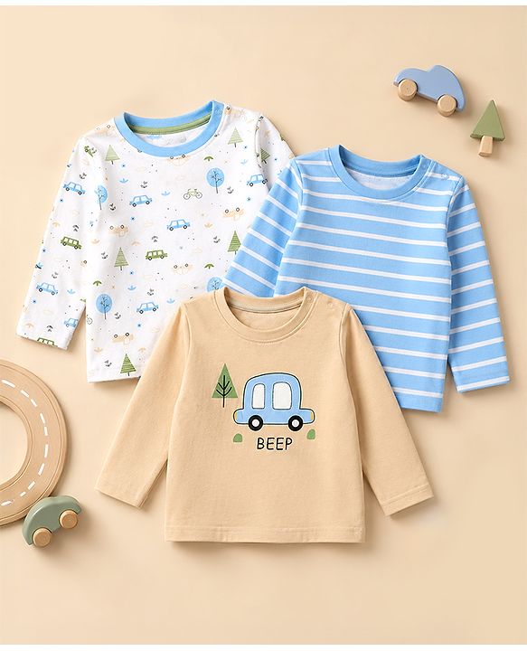 Babyhug 100% Cotton Interlock Knit Full Sleeves Striped T-Shirts with Car Graphic Print Pack of 3 - White Blue Beige