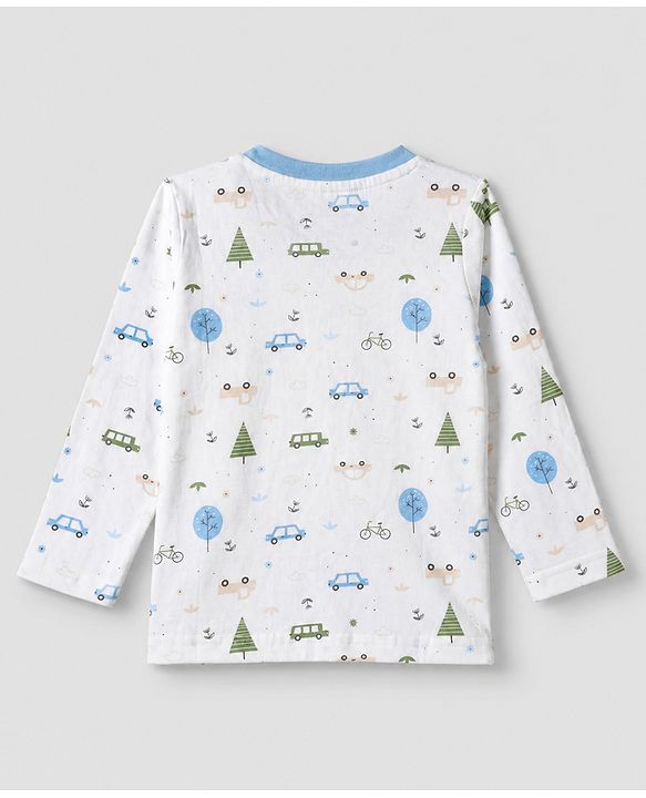 Babyhug 100% Cotton Interlock Knit Full Sleeves Striped T-Shirts with Car Graphic Print Pack of 3 - White Blue Beige