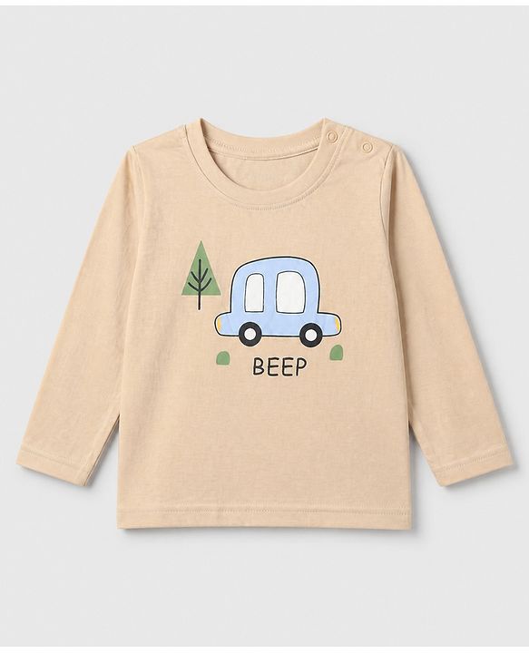 Babyhug 100% Cotton Interlock Knit Full Sleeves Striped T-Shirts with Car Graphic Print Pack of 3 - White Blue Beige