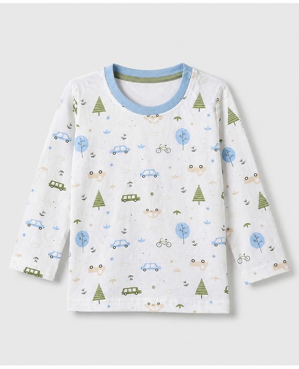 Babyhug 100% Cotton Interlock Knit Full Sleeves Striped T-Shirts with Car Graphic Print Pack of 3 - White Blue Beige