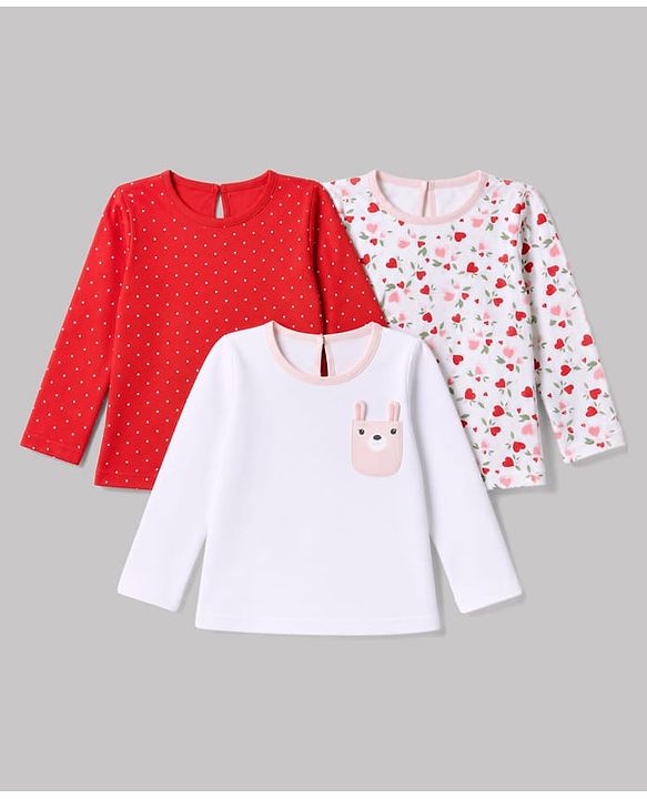 Babyhug 100% Cotton Interlock Knit Full Sleeves T-Shirts with Polka Dots , Heart & Bear Applique Pack of 3 - Red White & Pink