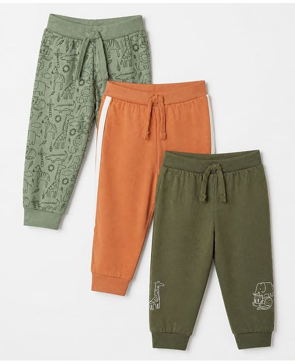 Babyhug Cotton Knit Jogger Fit Full Length Solid Lounge Pant With Animal Print Pack of 3 in Orange Green