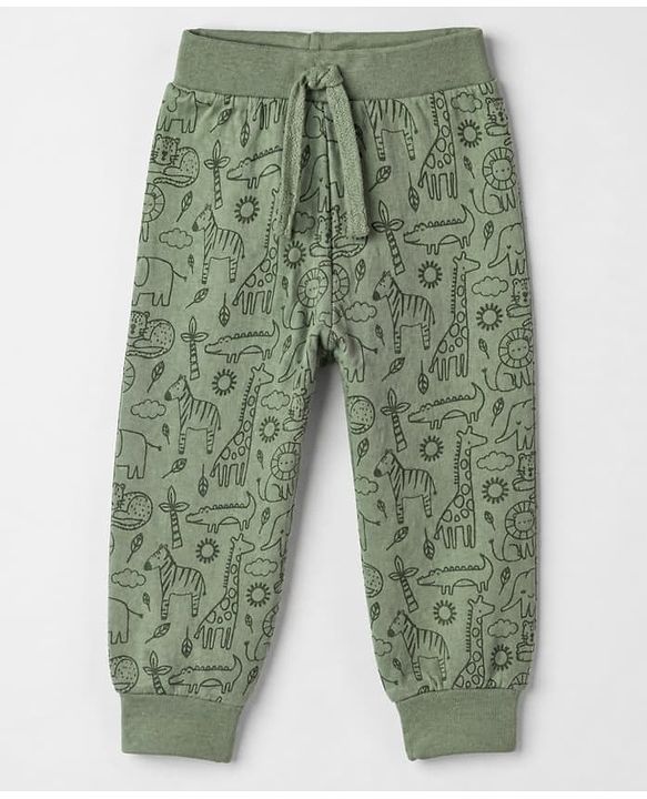 Babyhug Cotton Knit Jogger Fit Full Length Solid Lounge Pant With Animal Print Pack of 3 in Orange Green