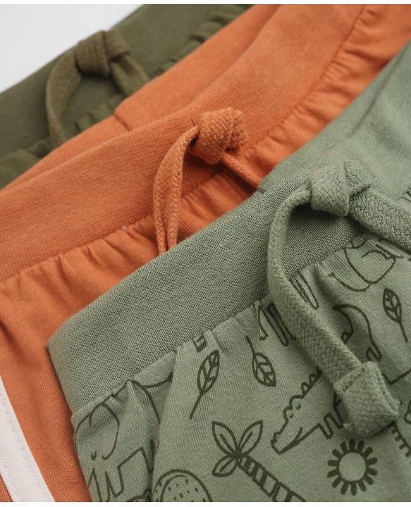 Babyhug Cotton Knit Jogger Fit Full Length Solid Lounge Pant With Animal Print Pack of 3 in Orange Green