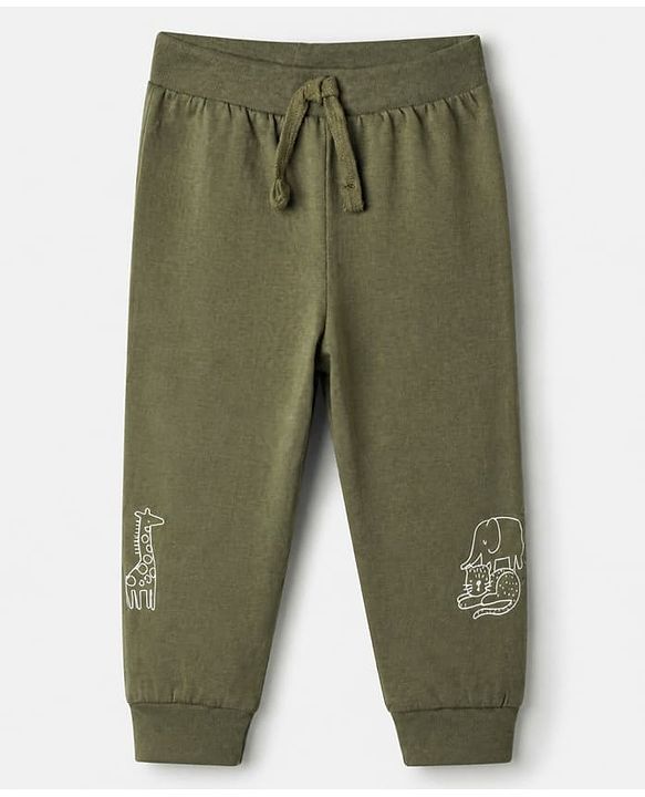 Babyhug Cotton Knit Jogger Fit Full Length Solid Lounge Pant With Animal Print Pack of 3 in Orange Green