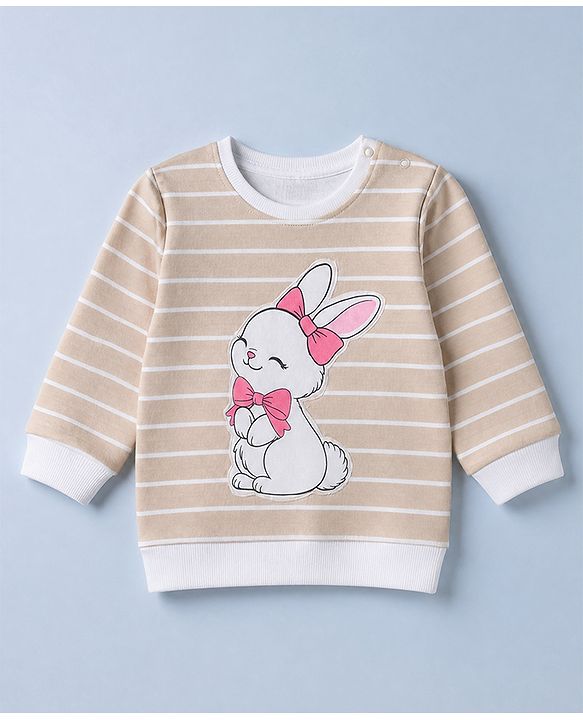 Babyhug 100% Cotton Knit Full Sleeves Heavy Gauge Sweatshirt With Rabit Pint - Beige