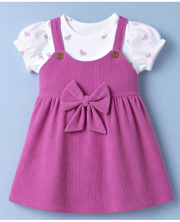 Babyhug Cotton Corduroy Frocks with Inner Tee with Short Sleeves and Bow Detail in Pink for 6-9 Months