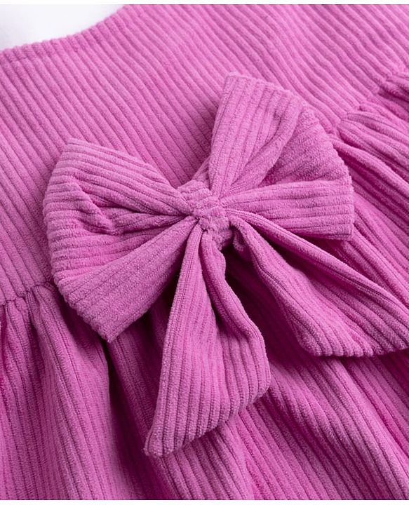 Babyhug Cotton Corduroy Frocks with Inner Tee with Short Sleeves and Bow Detail in Pink for 6-9 Months