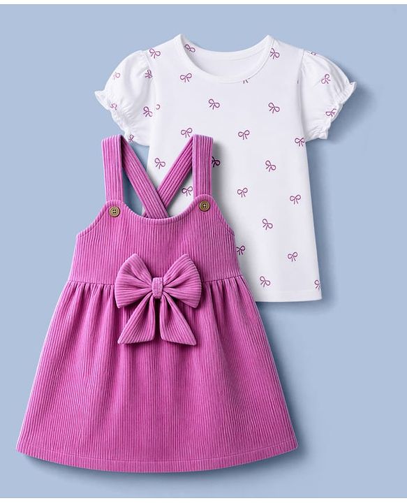 Babyhug Cotton Corduroy Frocks with Inner Tee with Short Sleeves and Bow Detail in Pink for 6-9 Months