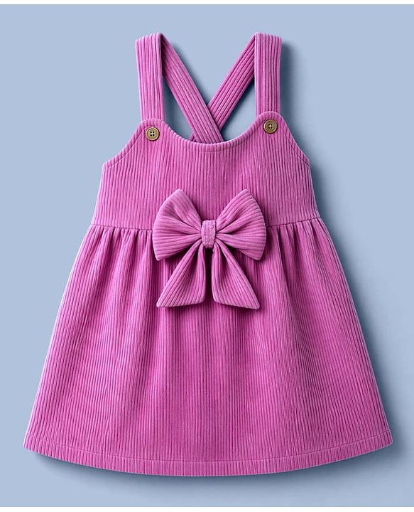 Babyhug Cotton Corduroy Frocks with Inner Tee with Short Sleeves and Bow Detail in Pink for 6-9 Months