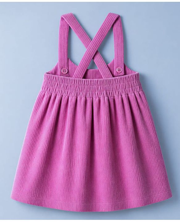 Babyhug Cotton Corduroy Frocks with Inner Tee with Short Sleeves and Bow Detail in Pink for 6-9 Months