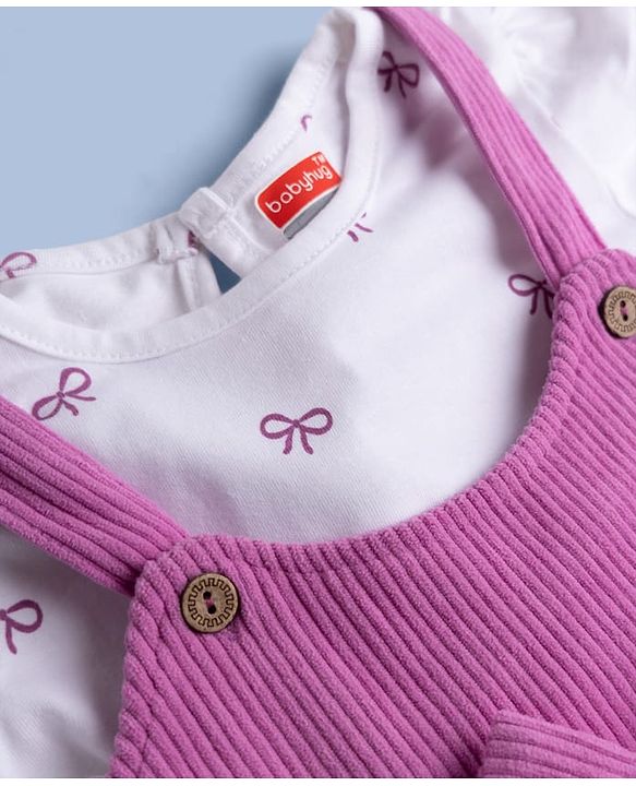 Babyhug Cotton Corduroy Frocks with Inner Tee with Short Sleeves and Bow Detail in Pink for 6-9 Months