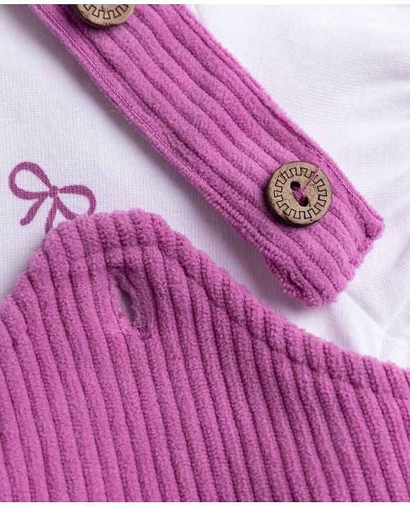 Babyhug Cotton Corduroy Frocks with Inner Tee with Short Sleeves and Bow Detail in Pink for 6-9 Months