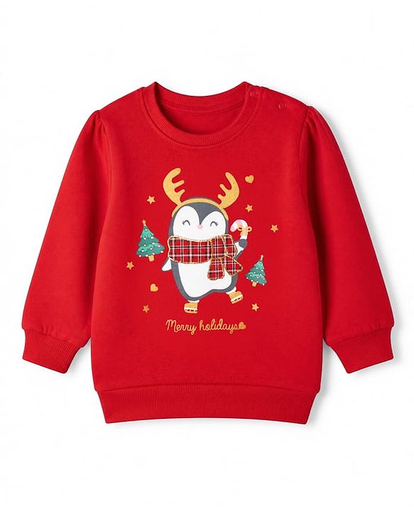 Babyhug 100% Cotton Knit Heavy Gauge Sweatshirt With Full Sleeves and Penguin Patch - Red