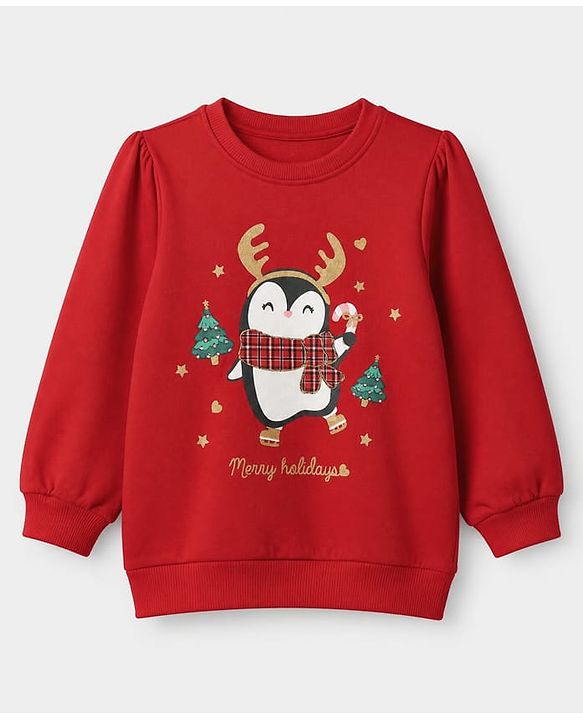 Babyhug 100% Cotton Knit Heavy Gauge Sweatshirt With Full Sleeves and Penguin Patch - Red
