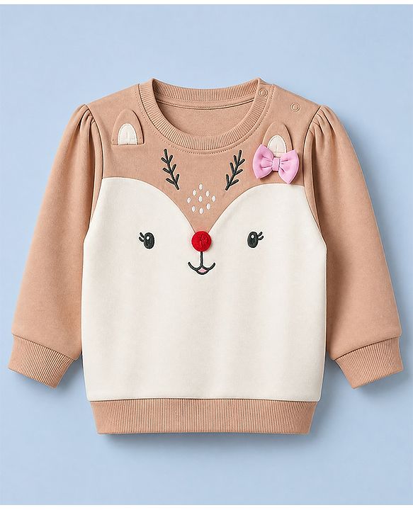 Babyhug 100% Cotton Knit Full Sleeves Heavy Gauge Sweatshirt With Reindeer Embroidery - Beige