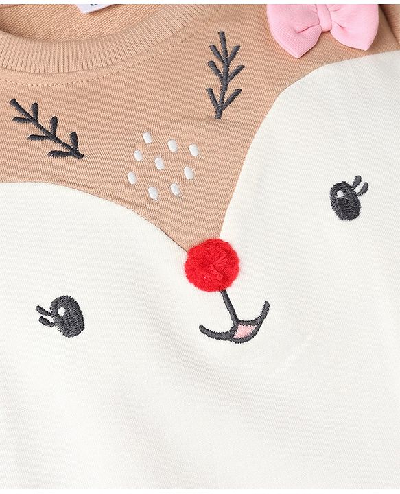 Babyhug 100% Cotton Knit Full Sleeves Heavy Gauge Sweatshirt With Reindeer Embroidery - Beige