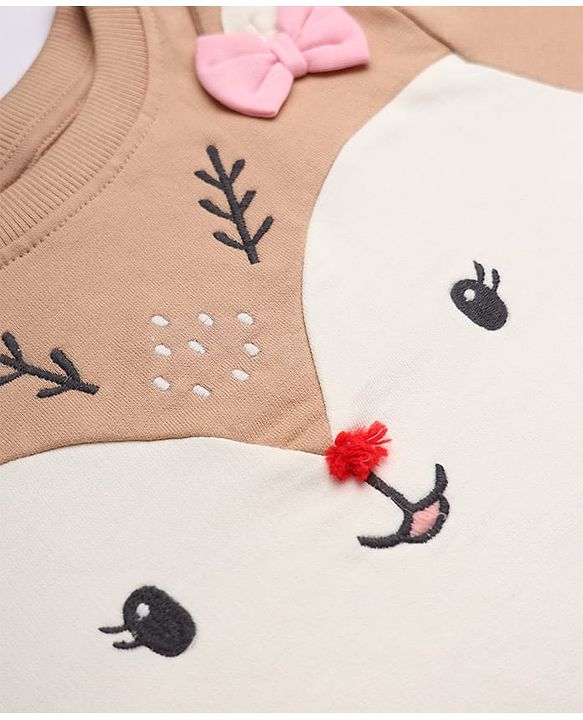 Babyhug 100% Cotton Knit Full Sleeves Heavy Gauge Sweatshirt With Reindeer Embroidery - Beige