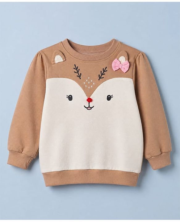 Babyhug 100% Cotton Knit Full Sleeves Heavy Gauge Sweatshirt With Reindeer Embroidery - Beige