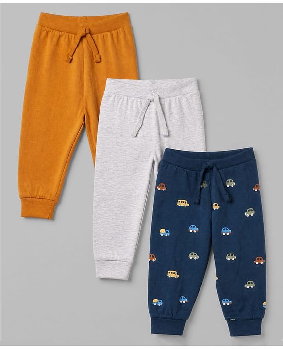 Babyhug Cotton Jersey Knit Full Length Track Pant With Car Print Pack of 3 - Blue Grey & Mustard