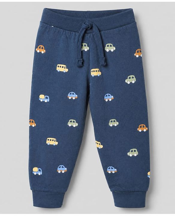 Babyhug Cotton Jersey Knit Full Length Track Pant With Car Print Pack of 3 - Blue Grey & Mustard