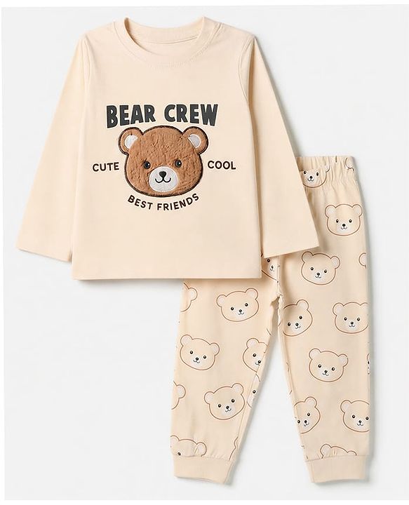 Babyhug 100% Cotton Knit Full Sleeves T-Shirt & Pyjama Night Suit with Bear Patch - Brown