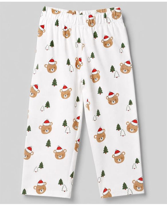 Babyhug 100% Cotton Knit Full Sleeves Co-Ords Shirt & Pyjama Night Suit with Bear & Christmas Tree Print - Offwhite
