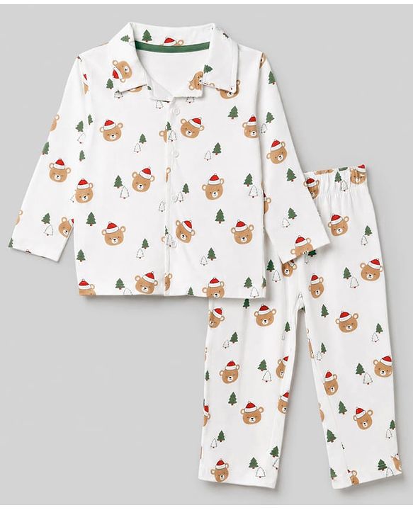 Babyhug 100% Cotton Knit Full Sleeves Co-Ords Shirt & Pyjama Night Suit with Bear & Christmas Tree Print - Offwhite