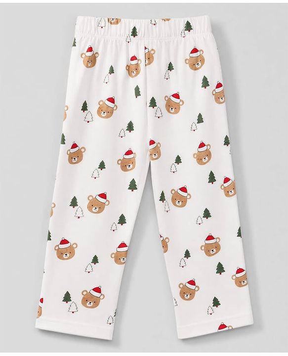 Babyhug 100% Cotton Knit Full Sleeves Co-Ords Shirt & Pyjama Night Suit with Bear & Christmas Tree Print - Offwhite