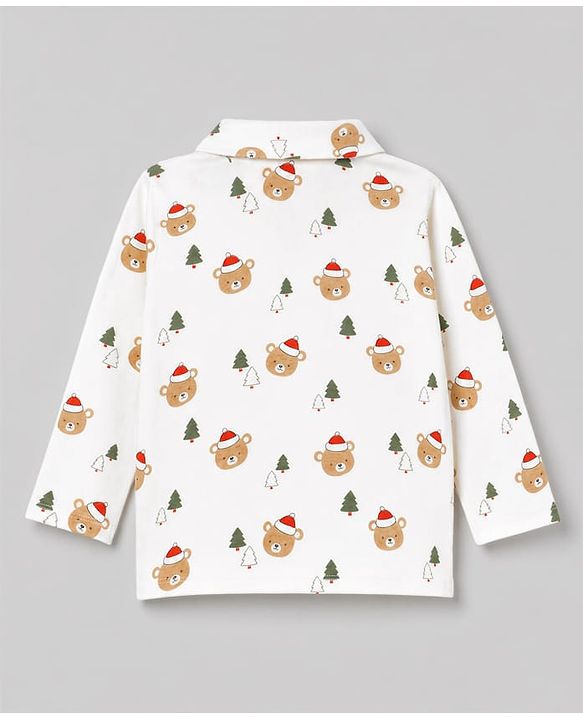 Babyhug 100% Cotton Knit Full Sleeves Co-Ords Shirt & Pyjama Night Suit with Bear & Christmas Tree Print - Offwhite