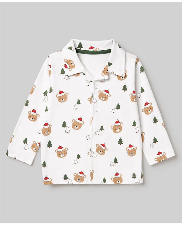 Babyhug 100% Cotton Knit Full Sleeves Co-Ords Shirt & Pyjama Night Suit with Bear & Christmas Tree Print - Offwhite
