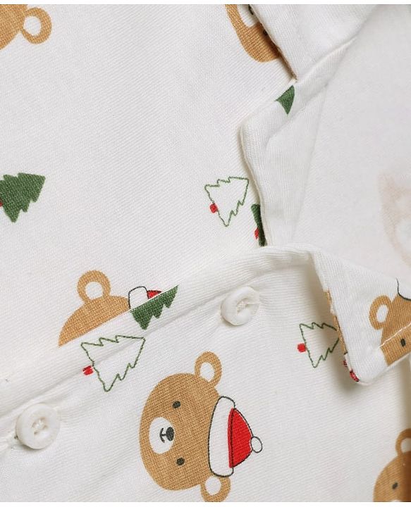 Babyhug 100% Cotton Knit Full Sleeves Co-Ords Shirt & Pyjama Night Suit with Bear & Christmas Tree Print - Offwhite