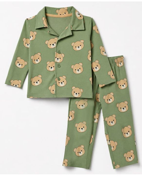 Babyhug 100% Cotton Knit Full Sleeves Co-Ords Shirt & Pyjama Night Suit with Bear Print - Green
