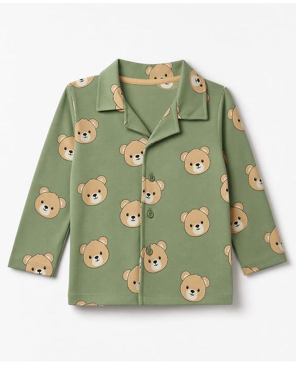 Babyhug 100% Cotton Knit Full Sleeves Co-Ords Shirt & Pyjama Night Suit with Bear Print - Green
