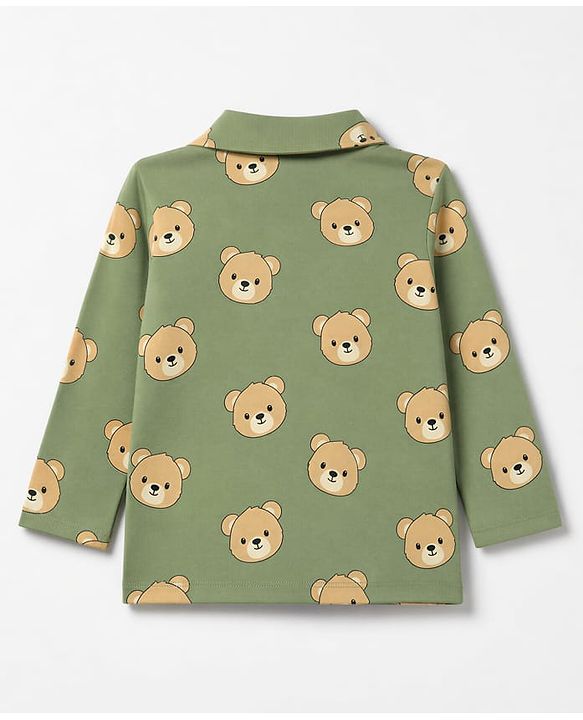 Babyhug 100% Cotton Knit Full Sleeves Co-Ords Shirt & Pyjama Night Suit with Bear Print - Green