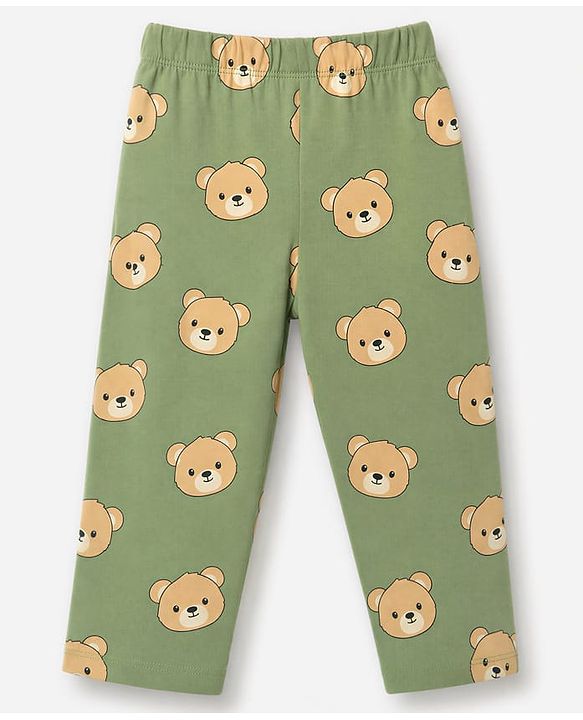 Babyhug 100% Cotton Knit Full Sleeves Co-Ords Shirt & Pyjama Night Suit with Bear Print - Green