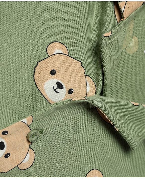 Babyhug 100% Cotton Knit Full Sleeves Co-Ords Shirt & Pyjama Night Suit with Bear Print - Green