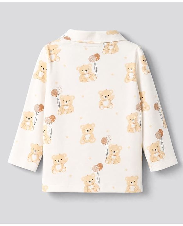 Babyhug 100% Cotton Knit Full Sleeves Co-Ords Shirt & Pyjama Night Suit with Bear Print - Offwhite