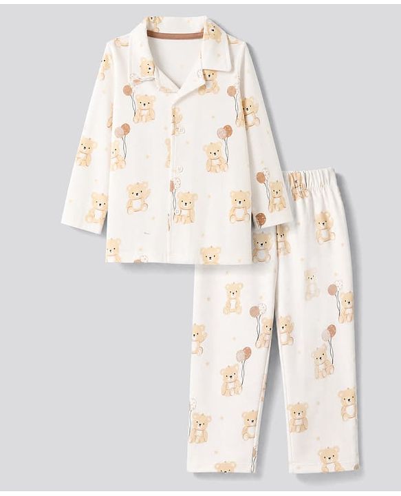 Babyhug 100% Cotton Knit Full Sleeves Co-Ords Shirt & Pyjama Night Suit with Bear Print - Offwhite