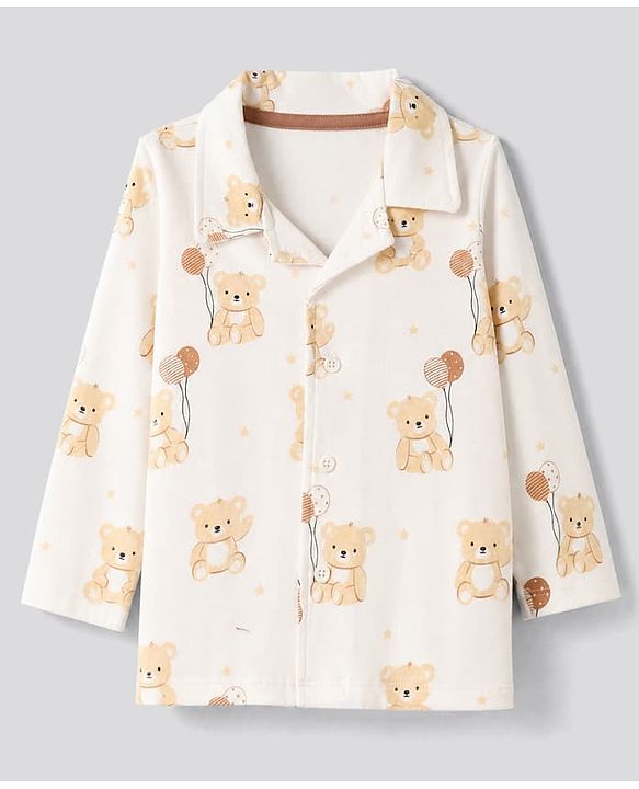 Babyhug 100% Cotton Knit Full Sleeves Co-Ords Shirt & Pyjama Night Suit with Bear Print - Offwhite