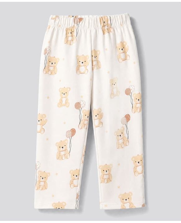 Babyhug 100% Cotton Knit Full Sleeves Co-Ords Shirt & Pyjama Night Suit with Bear Print - Offwhite
