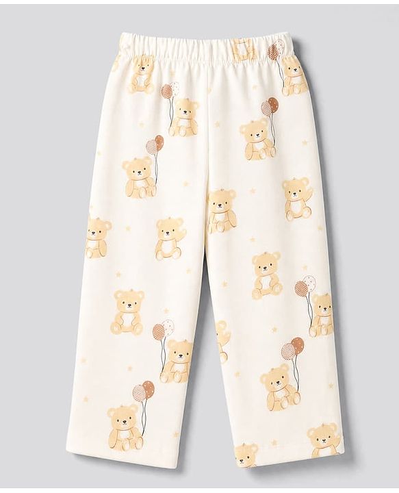 Babyhug 100% Cotton Knit Full Sleeves Co-Ords Shirt & Pyjama Night Suit with Bear Print - Offwhite